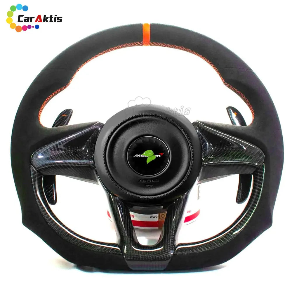 Full front view of a McLaren 720S performance steering wheel with Alcantara grips and an orange racing stripe.