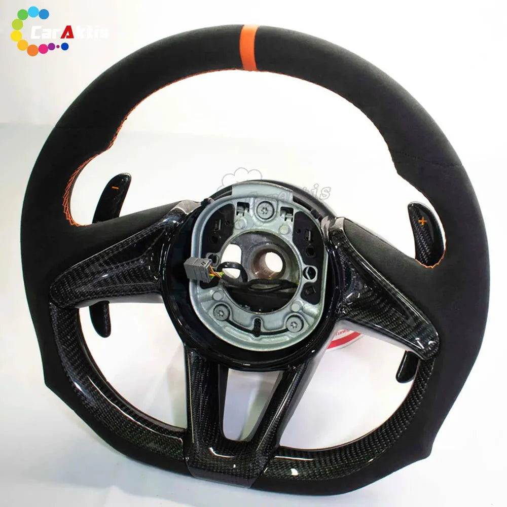 Rear view of McLaren 720S custom steering wheel made of Alcantara and carbon fiber with orange details.