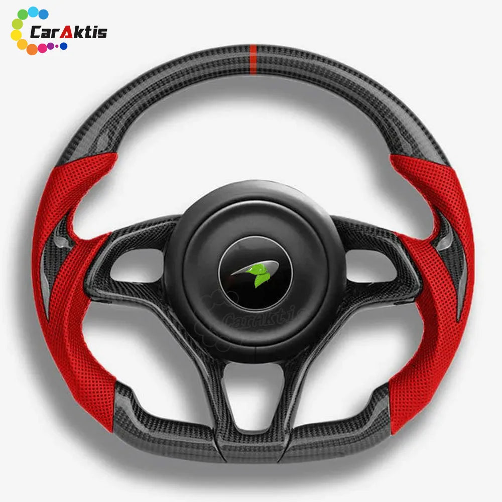 Sporty McLaren steering wheel upgrade with carbon fiber finish and vibrant red perforated leather grips.