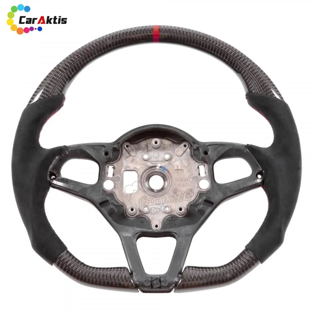 Performance steering wheel for McLaren MP4-12C and 650S in glossy carbon fiber and premium black Alcantara.