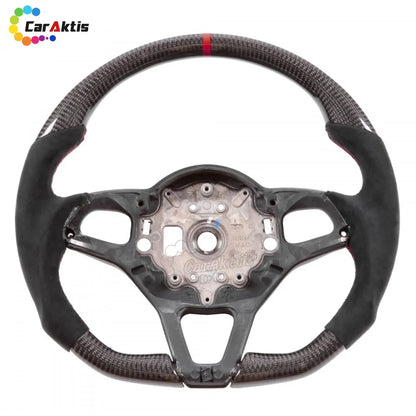 Performance steering wheel for McLaren MP4-12C and 650S in glossy carbon fiber and premium black Alcantara.