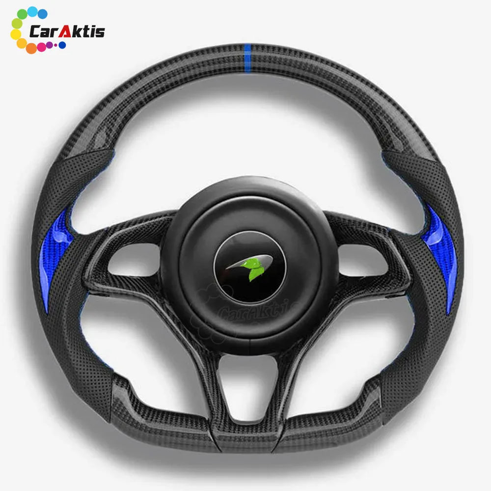 Custom McLaren carbon fiber steering wheel with blue center line and blue carbon fiber decorative accents.