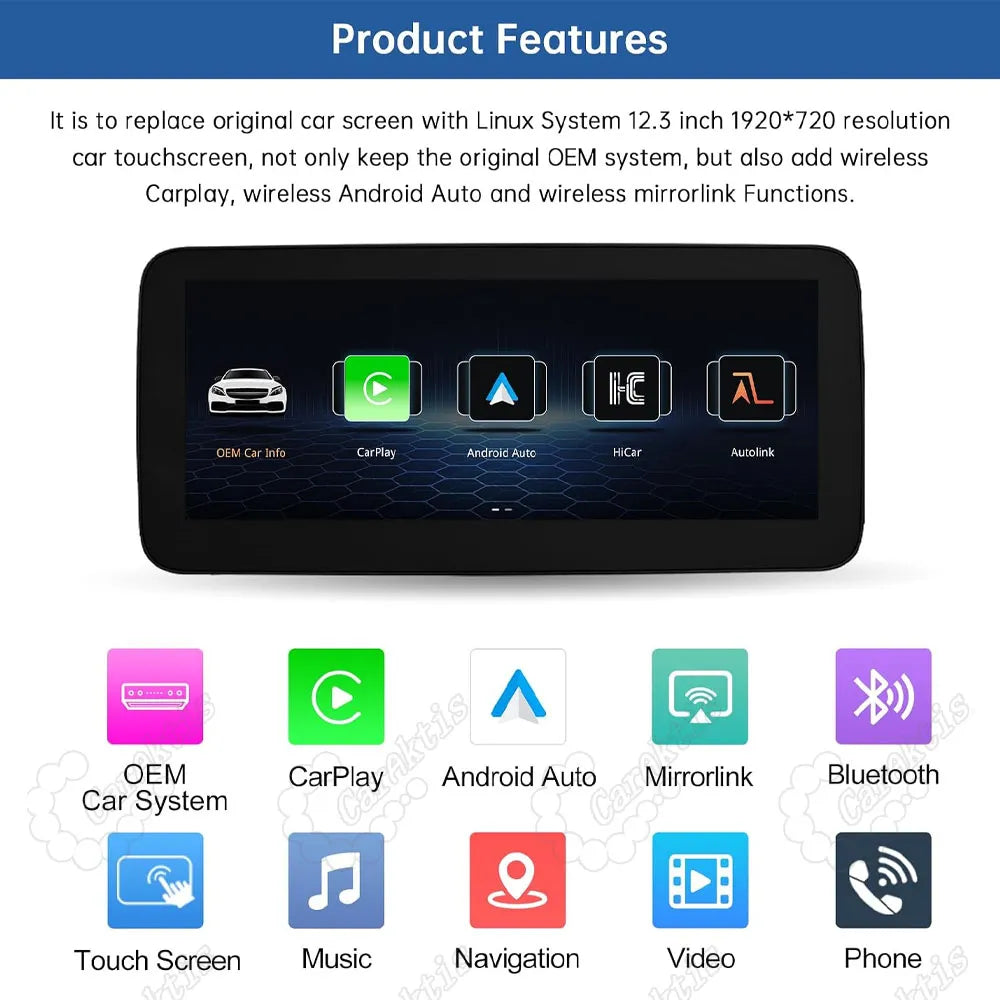 12.3 inch Linux car touchscreen features including wireless Apple CarPlay, Android Auto, Mirrorlink, and Bluetooth for Mercedes Benz
