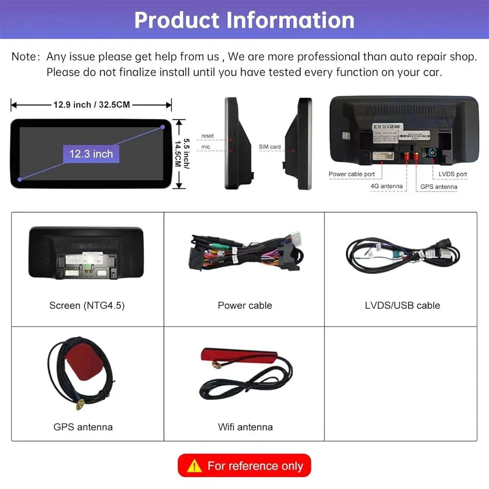 Mercedes-Benz 12.3-inch touchscreen dimensions diagram alongside included accessories like power cables, LVDS connection, GPS antenna, and Wi-Fi antenna.