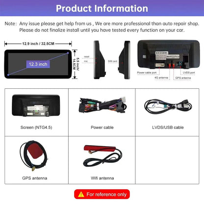 Mercedes-Benz 12.3-inch touchscreen dimensions diagram alongside included accessories like power cables, LVDS connection, GPS antenna, and Wi-Fi antenna.