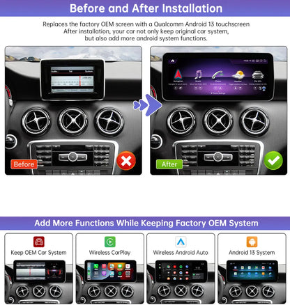 Dashboard comparison before and after installing 12.3-inch Qualcomm Android 13 screen upgrade on Mercedes-Benz, highlighting Wireless CarPlay and OEM system retention.
