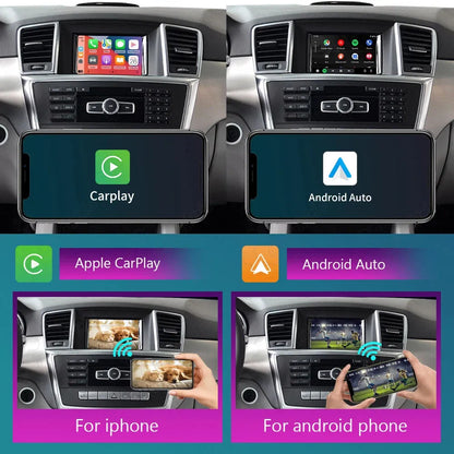 Screen mirroring function showing smartphone display casting to the Mercedes factory central dash monitor, compatible with both iPhone AirPlay and Android mirror link.