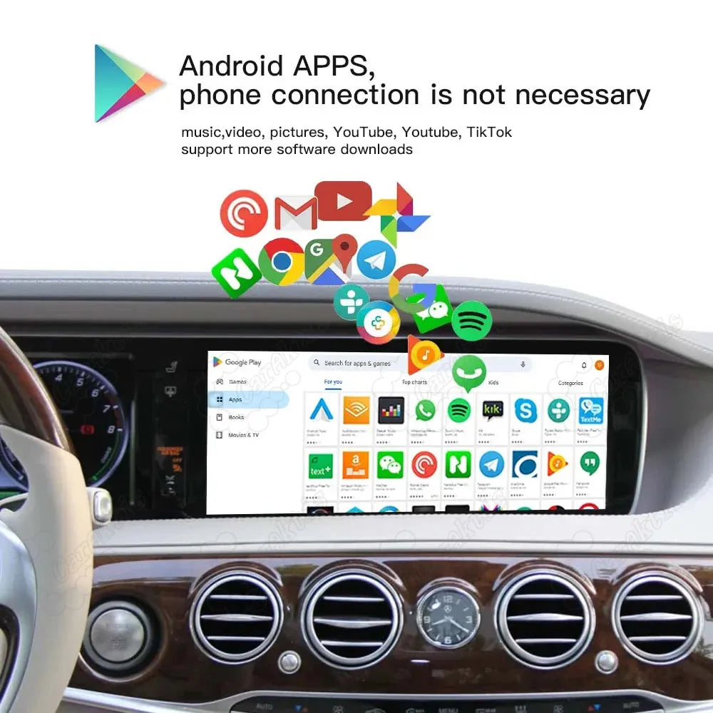 Google Play Store interface on the car display showing downloadable Android apps for video, music, and social media without a phone connection.