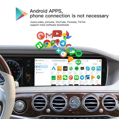 Google Play Store interface on the car display showing downloadable Android apps for video, music, and social media without a phone connection.