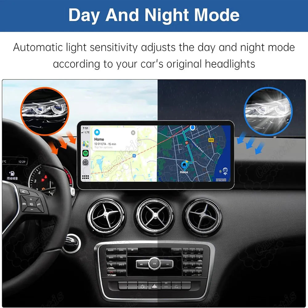 Automatic day and night mode screen brightness adjustment based on Mercedes-Benz headlight status on the 12.3-inch Android display.
