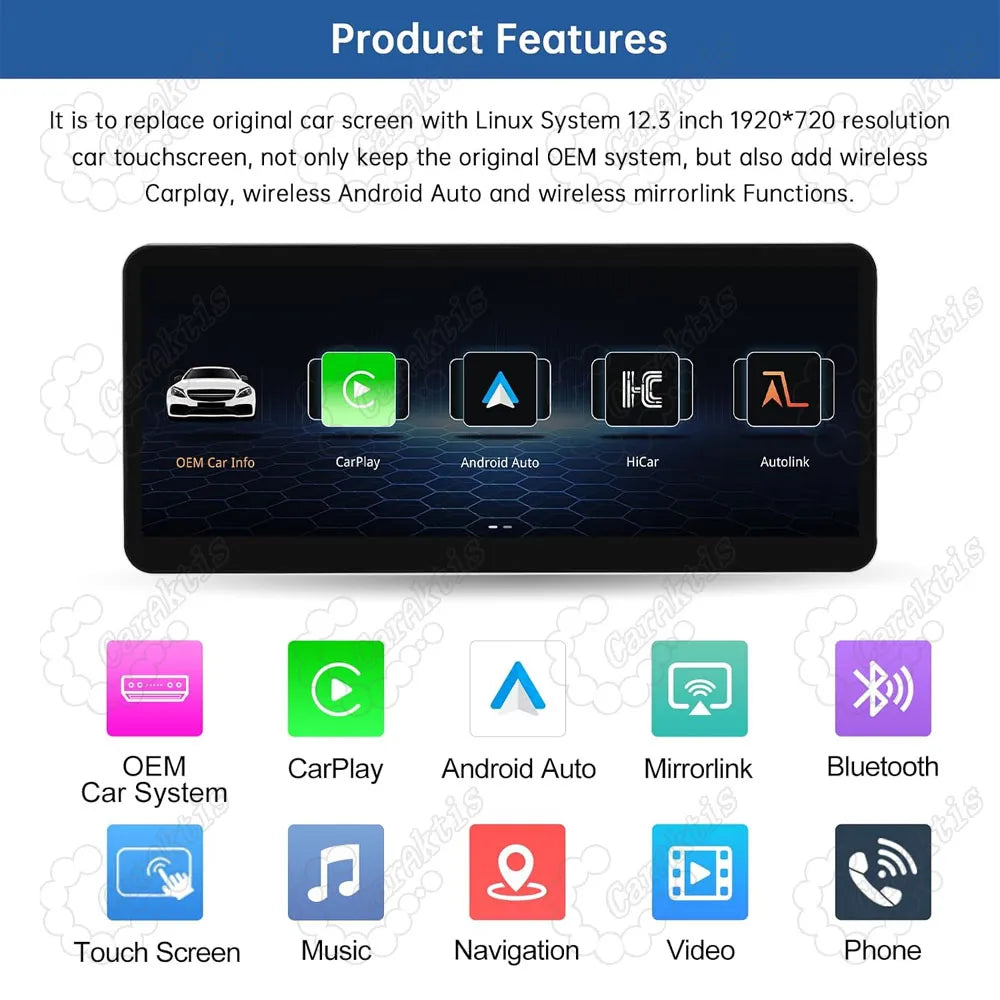 Overview of features for Mercedes-Benz 12.3-inch touchscreen, including 1920x720 HD display, OEM system retention, CarPlay, Mirrorlink, Bluetooth, and navigation.