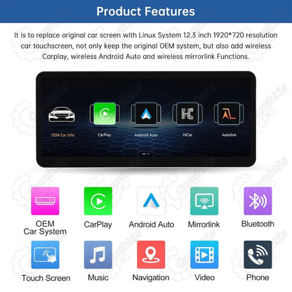 Overview of features for Mercedes-Benz 12.3-inch touchscreen, including 1920x720 HD display, OEM system retention, CarPlay, Mirrorlink, Bluetooth, and navigation.