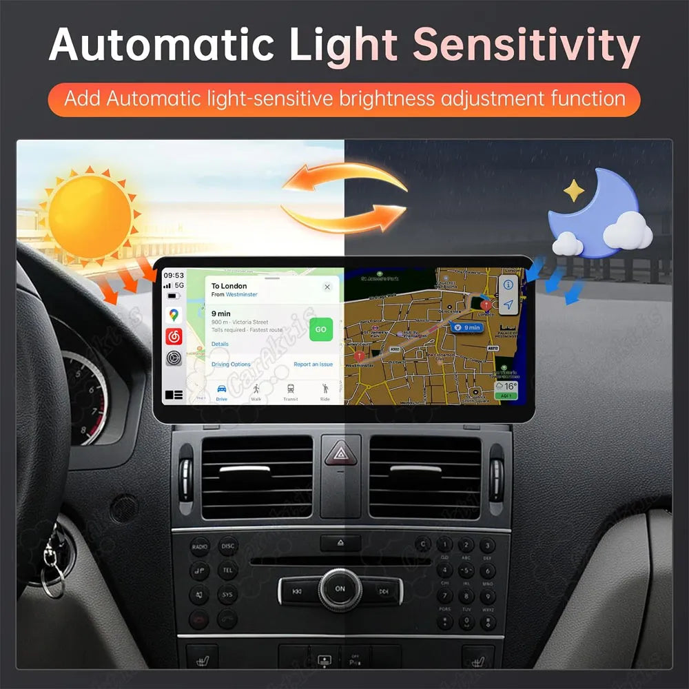 Automatic light-sensitive brightness adjustment feature for daytime and nighttime driving comfort on Mercedes Android screen upgrade.