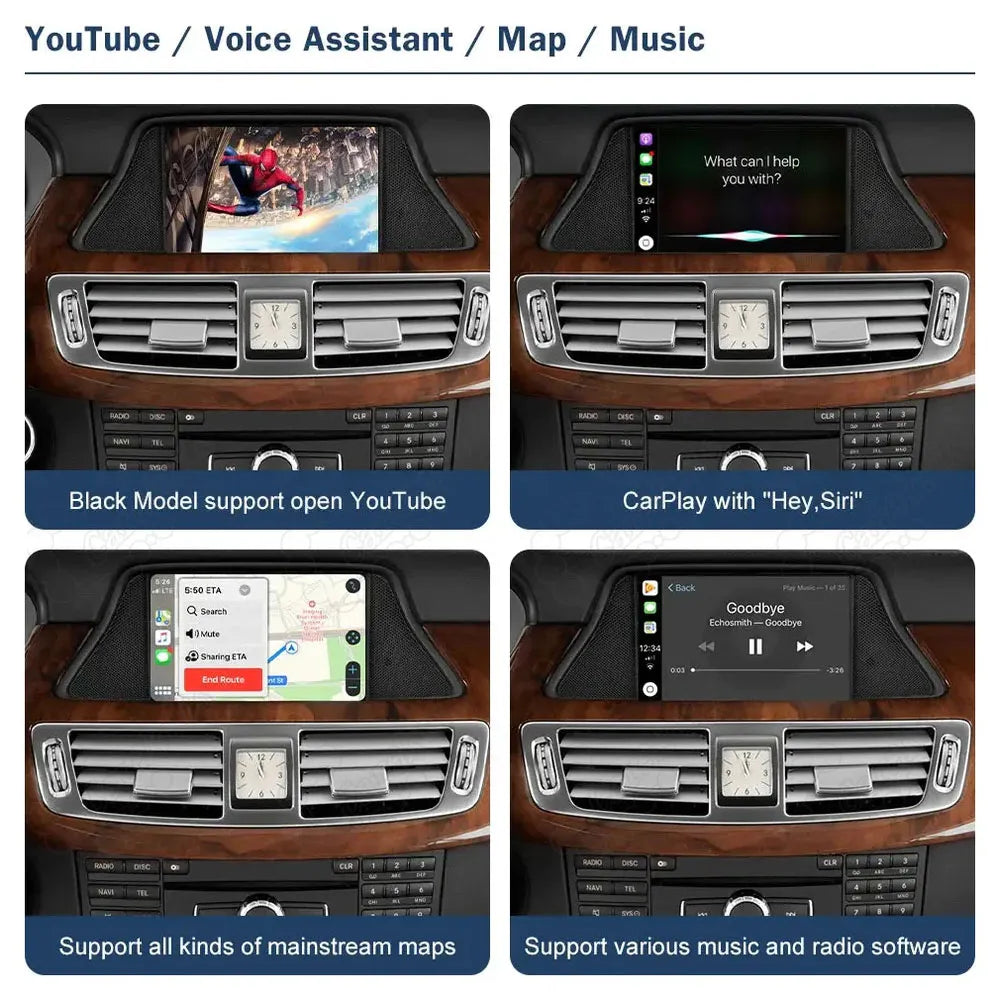 Infographic demonstrating 360-degree reverse camera display support, original Mercedes central knob operation, and steering wheel voice command button controls.