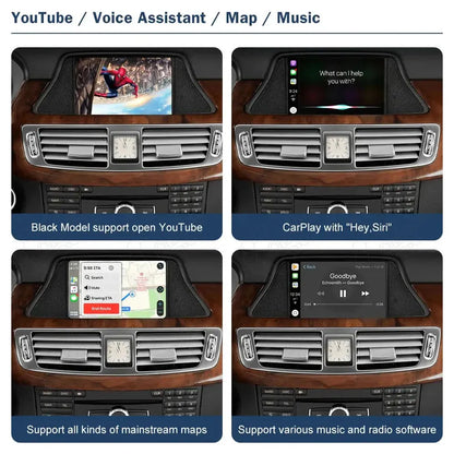 Infographic demonstrating 360-degree reverse camera display support, original Mercedes central knob operation, and steering wheel voice command button controls.