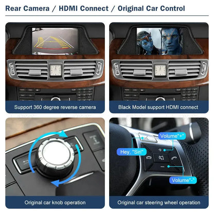 Four-panel layout showing system features: online YouTube playback, Siri voice control integration with "Hey Siri", mainstream GPS map navigation, and music player interface.
