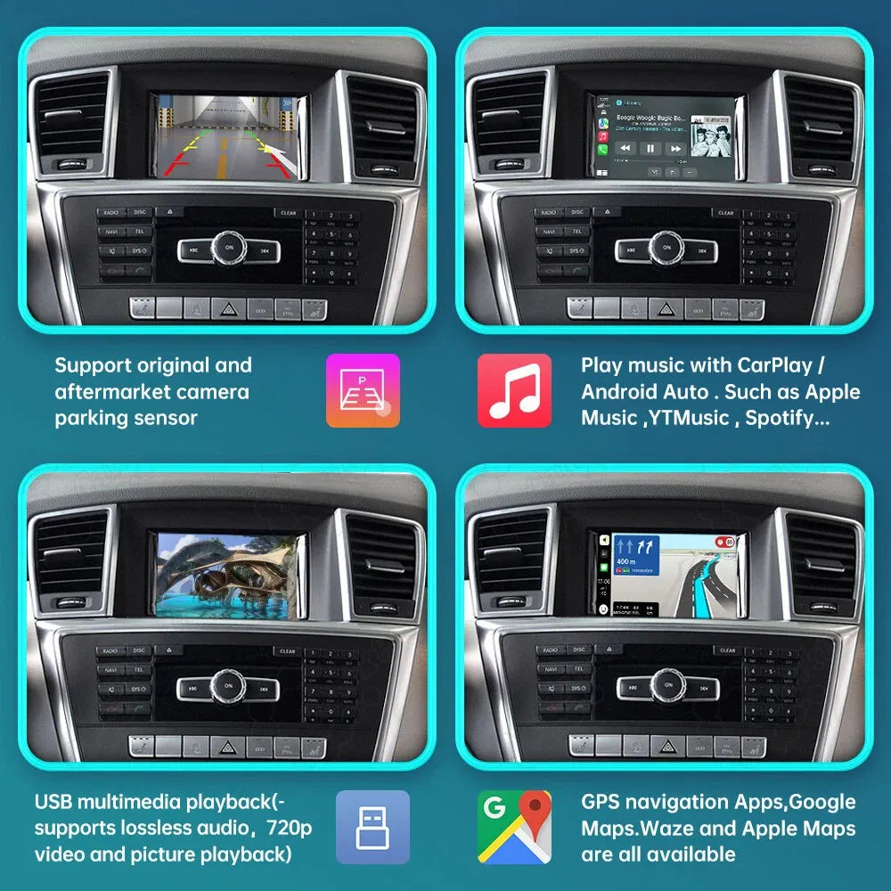 Highlighted features of the upgrade box including factory parking sensors support, Apple Music playback, 720p USB video player, and Google Maps GPS navigation.