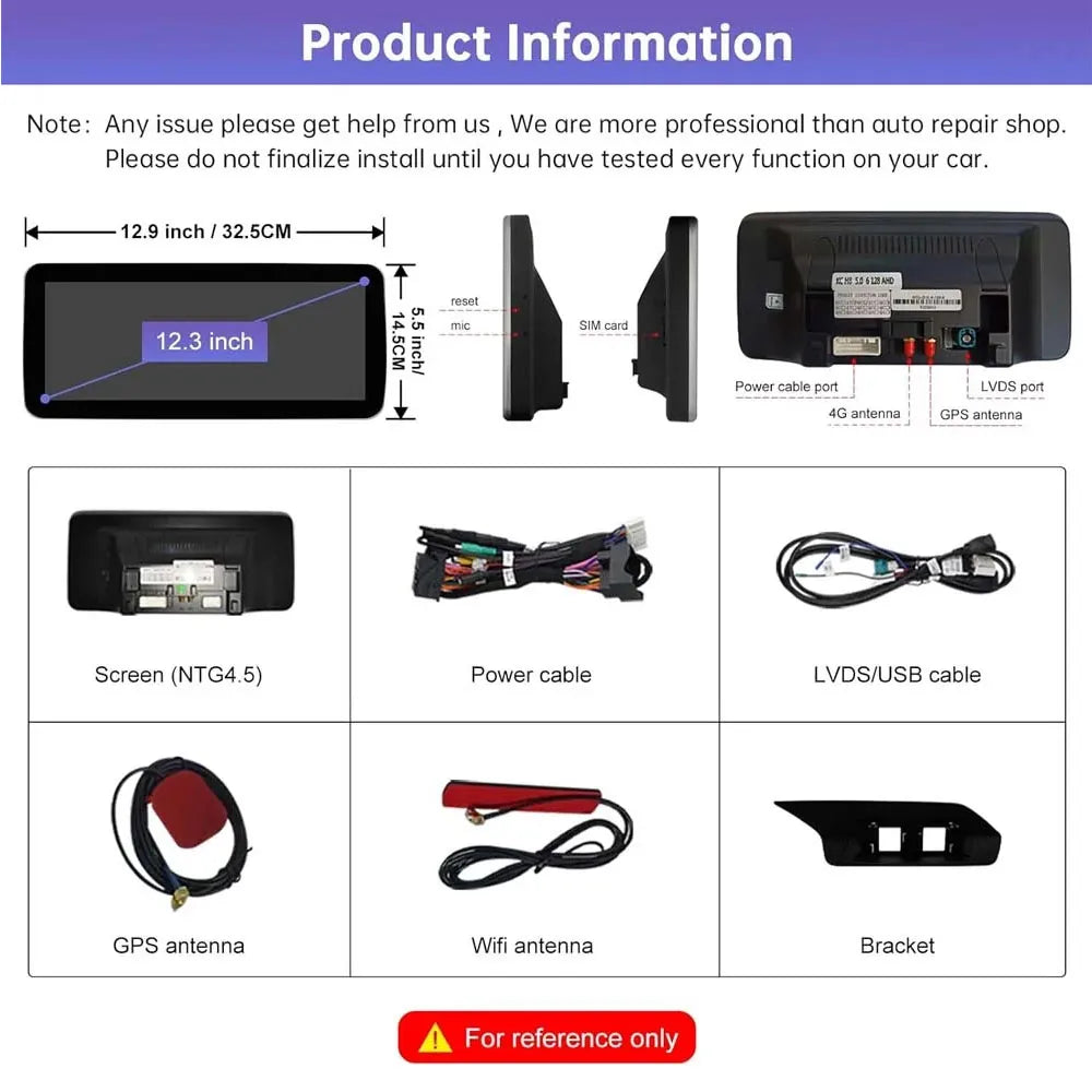 12.3 inch Android car display dimensions and included accessories package for Mercedes Benz NTG4.5: power cable, LVDS cable, GPS antenna, Wifi antenna, and bracket