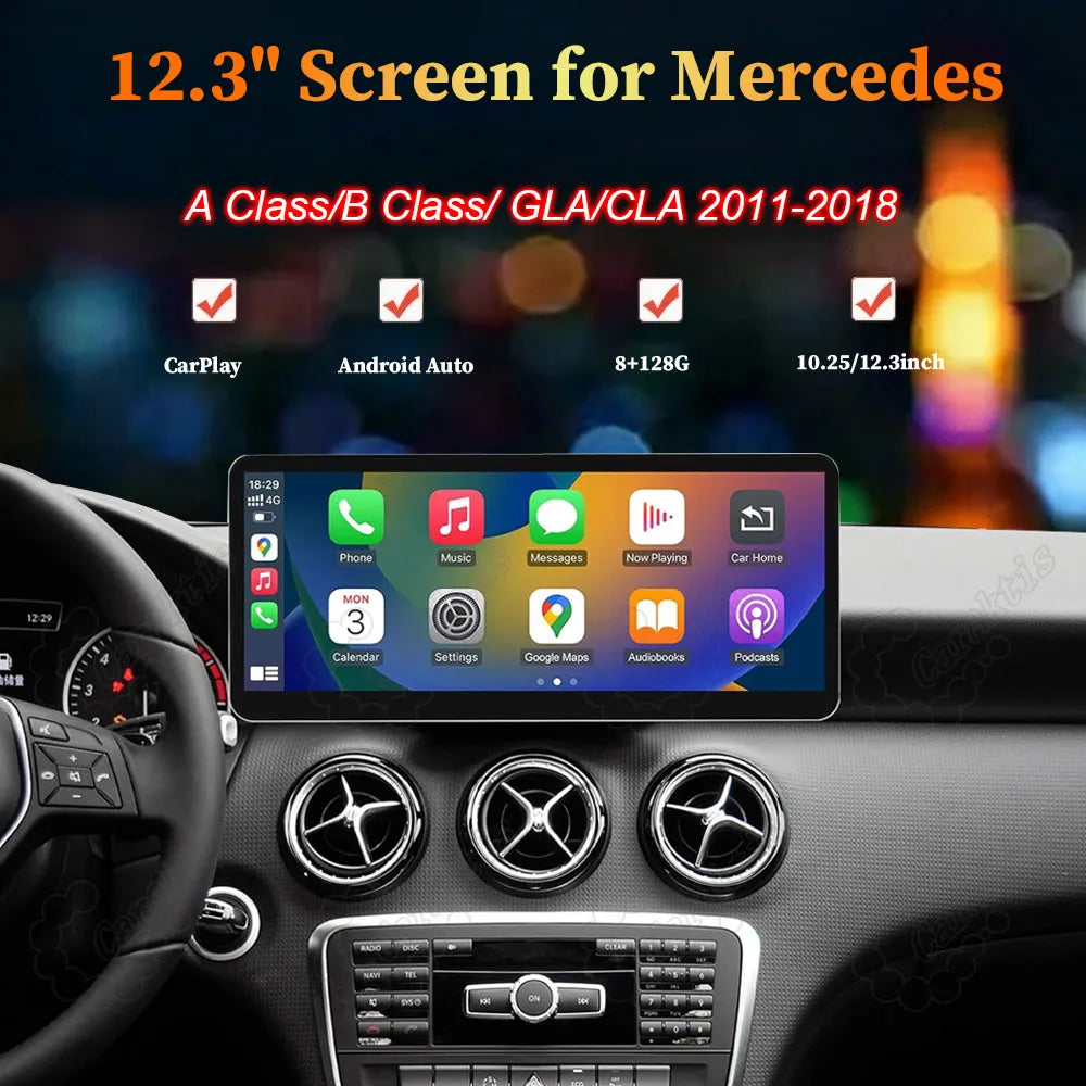 12.3-inch Android head unit touchscreen upgraded in Mercedes-Benz A-Class, B-Class, GLA, CLA dashboard featuring Wireless CarPlay and Android Auto.
