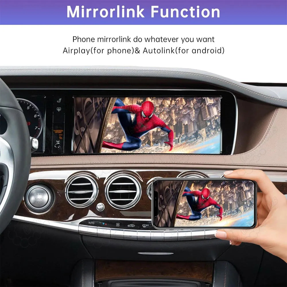 Phone mirroring function using AirPlay for iPhone and AutoLink for Android displaying high definition video on Mercedes factory screen.