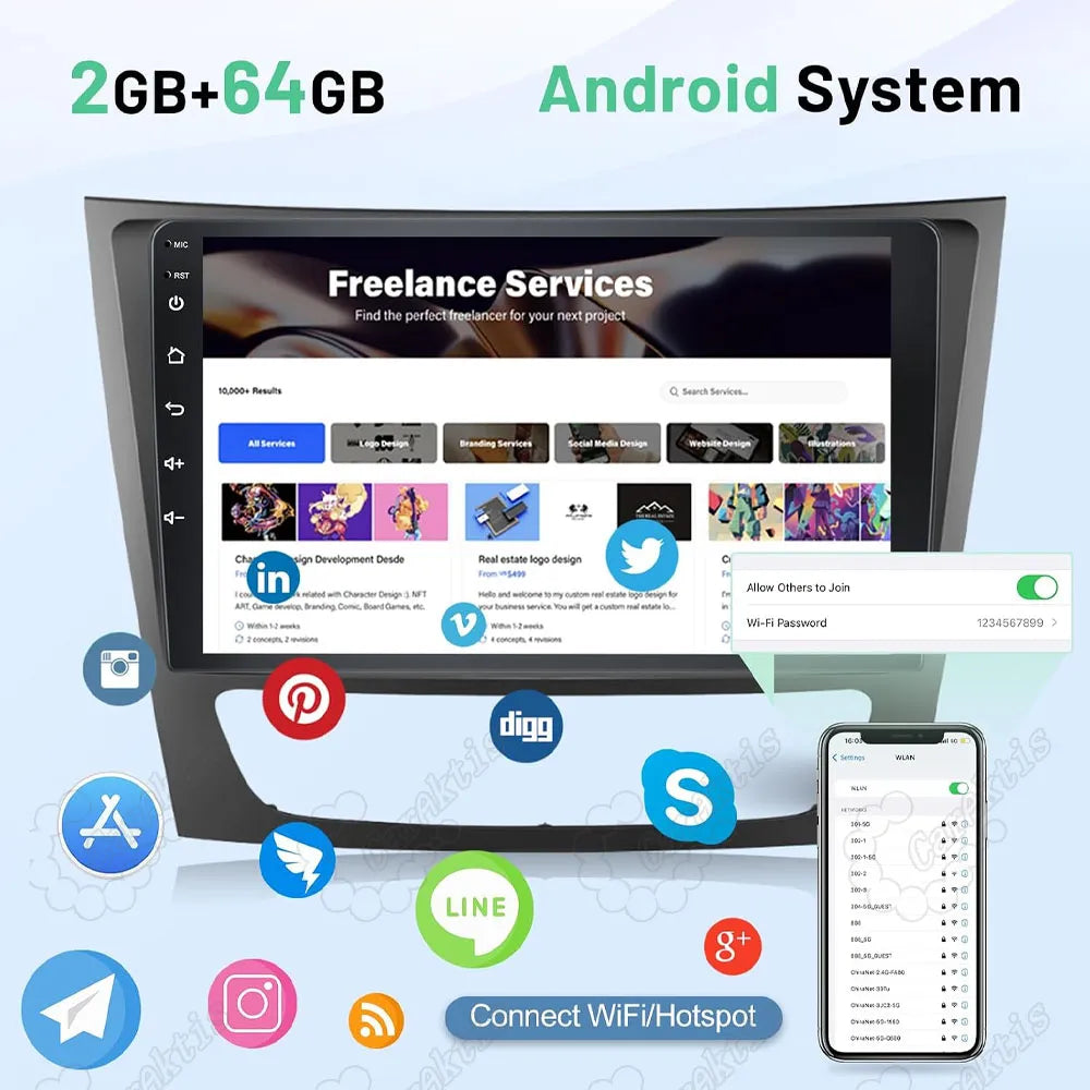 Android 12 car multimedia radio with 2GB RAM and 64GB ROM showing browser interface and Wi-Fi hotspot connection for Mercedes Benz