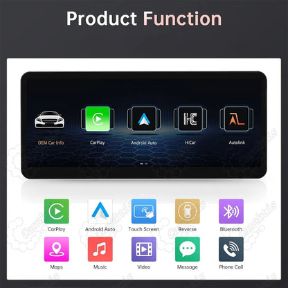 Core functions menu of the 12.3-inch Mercedes touchscreen including CarPlay, Android Auto, HiCar, Autolink, and reverse camera support.