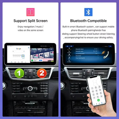 Mercedes Benz 12.3 inch touchscreen supporting split screen navigation and Bluetooth hands-free phone calls