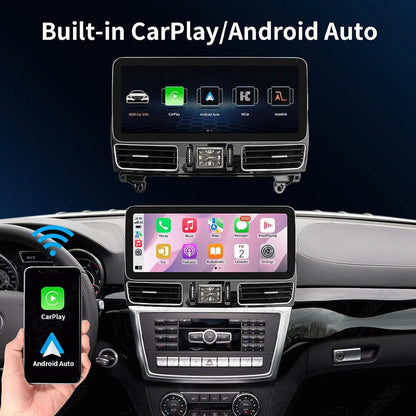 Mercedes Benz built-in CarPlay and Android Auto head unit displaying smartphone connection options on 12.3 inch screen