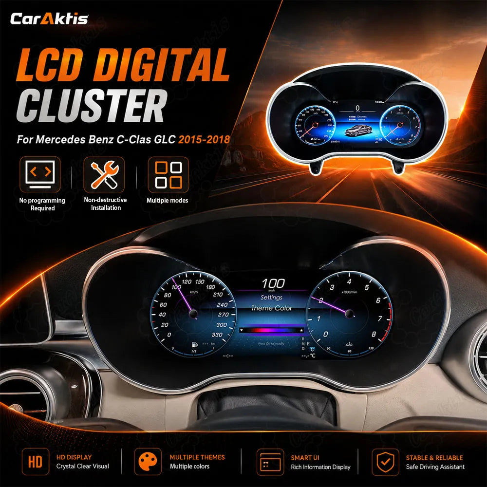 Mercedes-Benz C-Class GLC 2015-2018 digital instrument cluster with HD LCD display, multiple themes and colors, plug-and-play installation