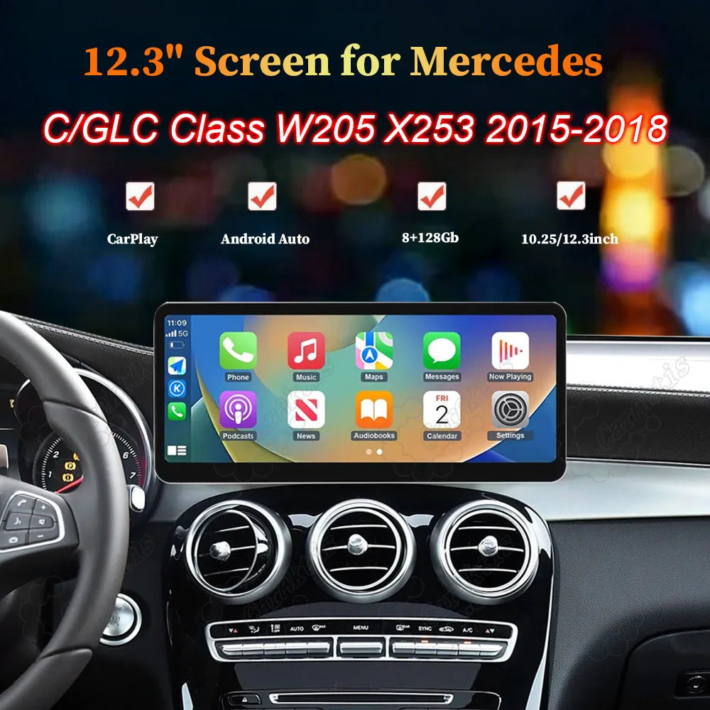 12.3 inch Android touchscreen car stereo installed in Mercedes Benz C Class W205 dashboard displaying CarPlay menu
