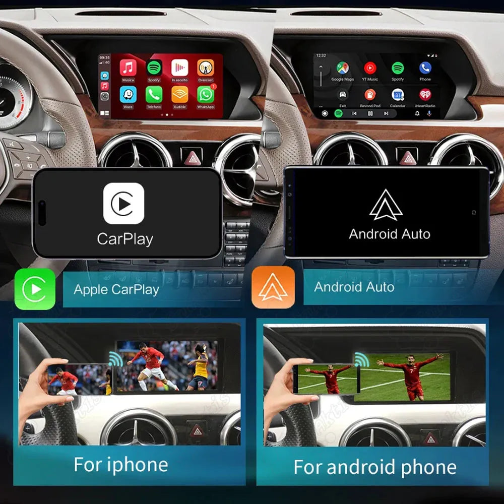 Apple CarPlay, Android Auto, and smartphone AirPlay mirroring integration on a Mercedes Benz display screen.