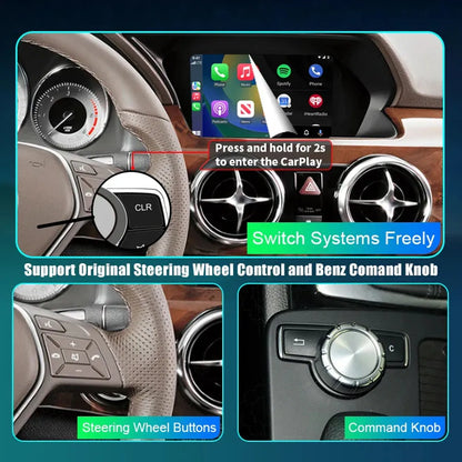 Close-up of Mercedes Benz factory steering wheel buttons and Comand console knob used to control the retrofitted CarPlay system.