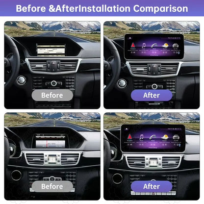 Before and after installation comparison of upgrading original Mercedes Benz E Class dashboard display to 12.3 inch Android screen