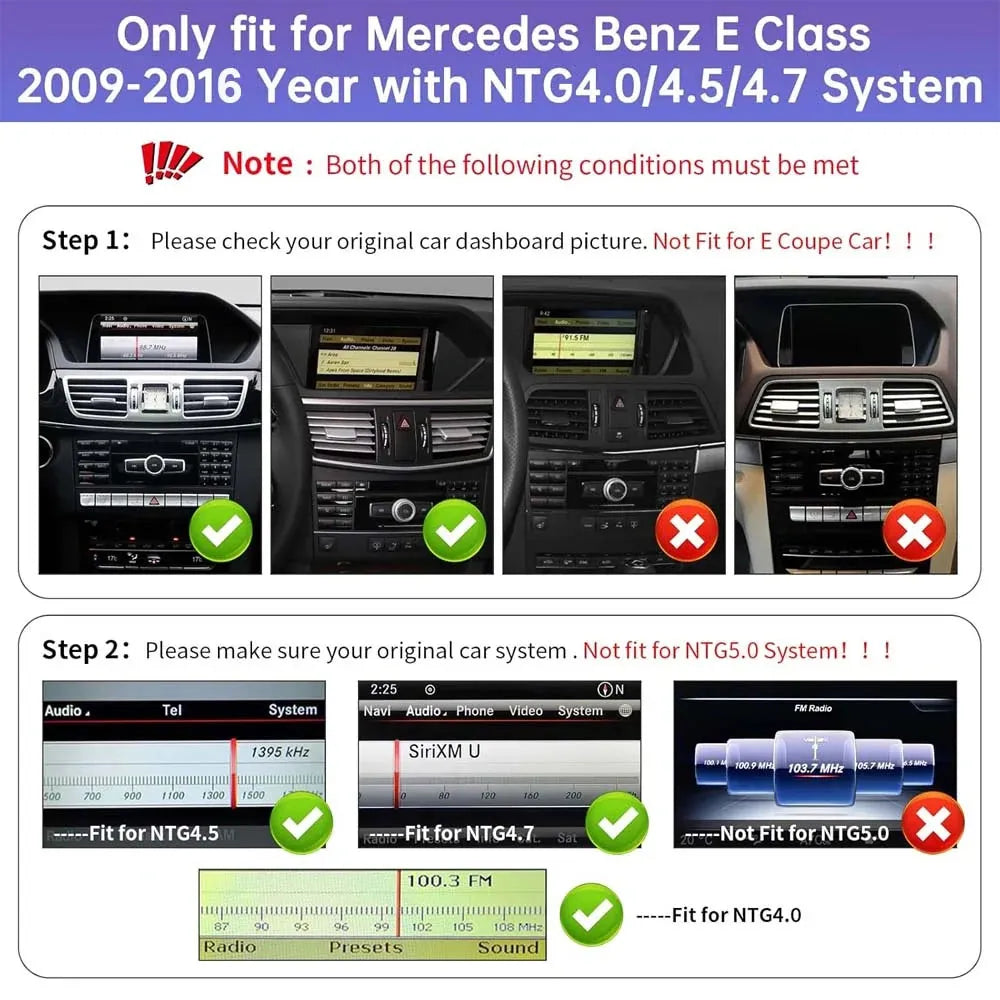 Mercedes Benz E Class 2009-2016 original dashboard and NTG 4.0 4.5 4.7 system compatibility check guide for Android head unit