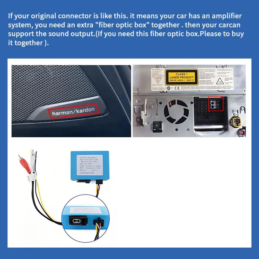 Fiber optic MOST decoder box accessory for Mercedes-Benz vehicles with factory Harman Kardon sound amplifier system
