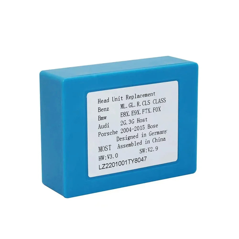 Blue optical fiber MOST decoder interface box unit for Mercedes Benz BMW Audi Porsche aftermarket radio stereo upgrade