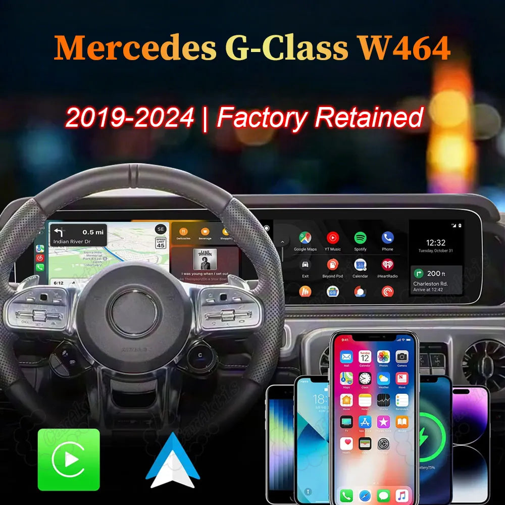 Mercedes-Benz G-Class W464 (2019-2024) 12.3-inch dual screen Android head unit upgrade displaying wireless Apple CarPlay and Android Auto with OEM cluster retained.