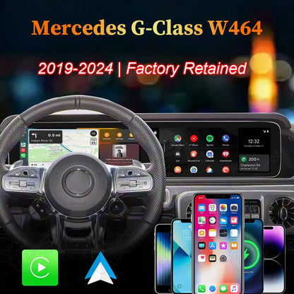 Mercedes-Benz G-Class W464 (2019-2024) 12.3-inch dual screen Android head unit upgrade displaying wireless Apple CarPlay and Android Auto with OEM cluster retained.