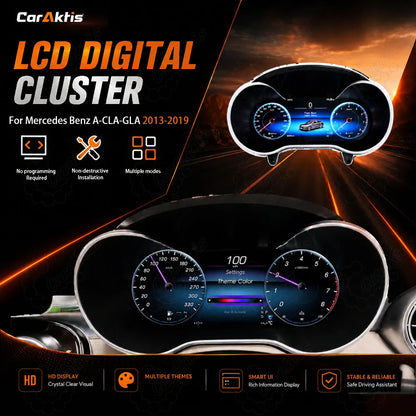 12.3 inch digital LCD instrument cluster speedometer dashboard upgrade for Mercedes Benz A Class CLA GLA 2013-2019 NTG 4.5 5.0 featuring HD display, multiple themes, and non-destructive installation