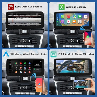 Mercedes Benz GLE GLS car stereo displaying OEM system, wireless CarPlay, wired Android Auto, and phone Mirrorlink features