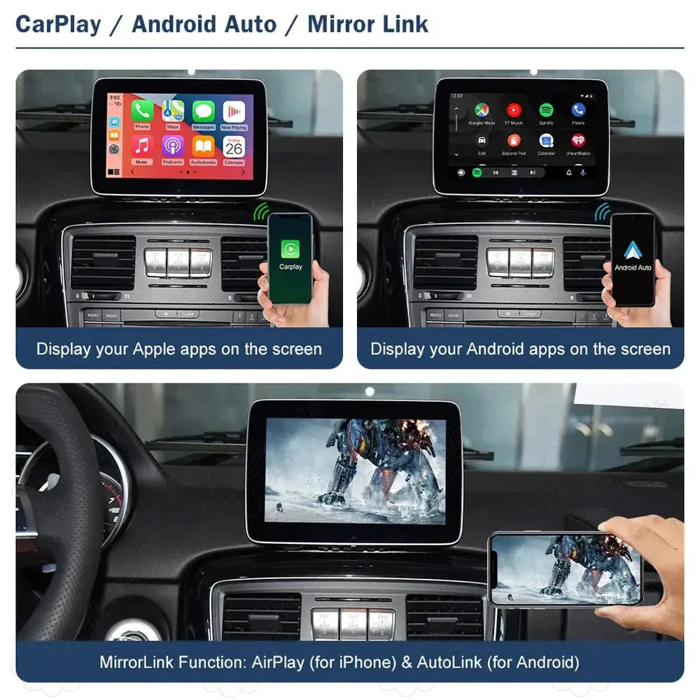 Showcasing Apple CarPlay dashboard, Android Auto app list, and phone mirror link movie streaming on Mercedes screen.