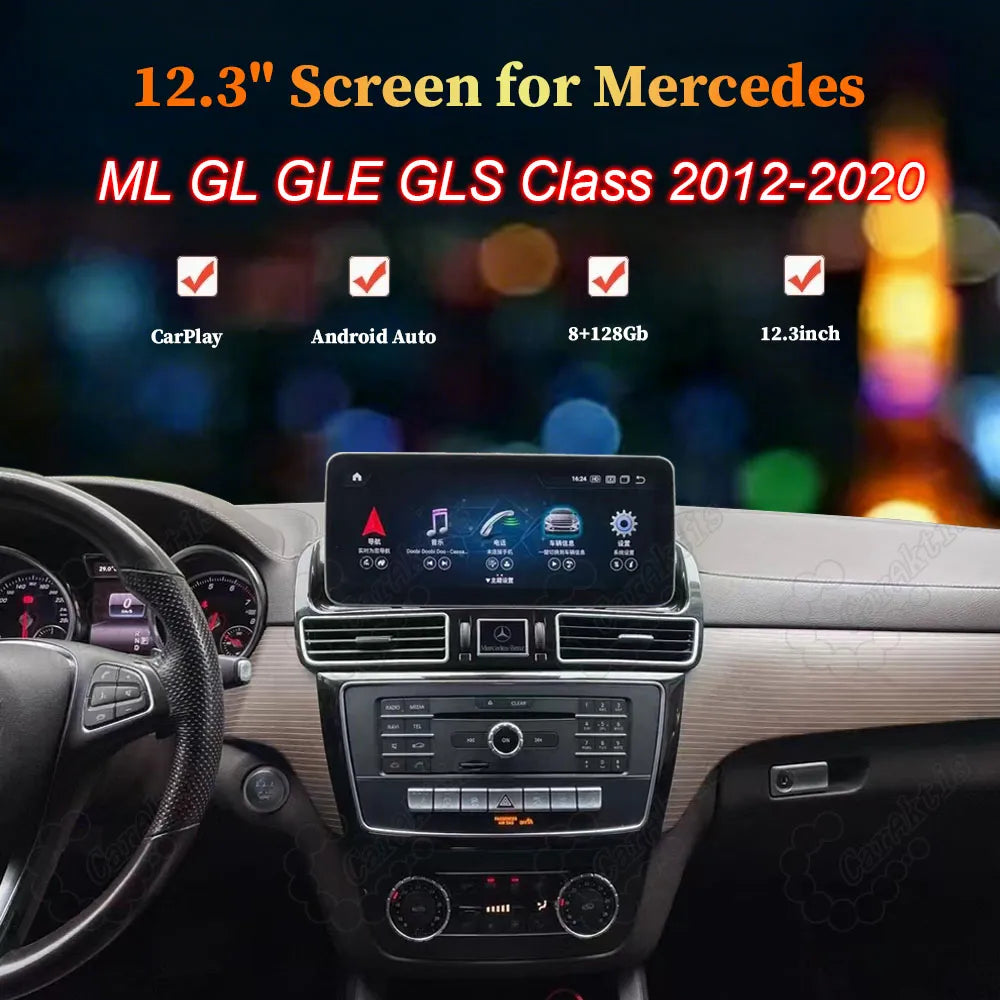 12.3 inch car radio touchscreen upgrade for Mercedes Benz ML GL GLE GLS Class 2012-2020 featuring CarPlay and Android Auto
