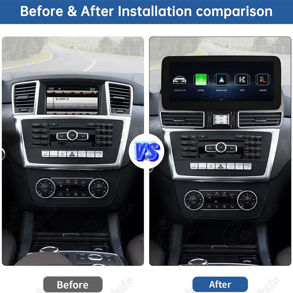Before and after installation comparison of 12.3 inch touchscreen car radio in Mercedes Benz ML W166 dashboard