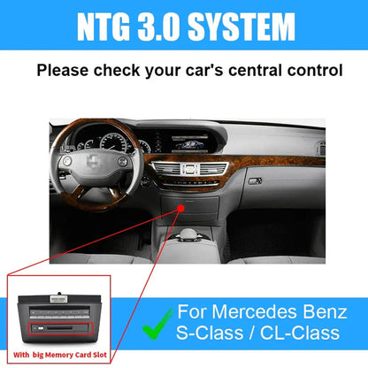 Compatibility guide for Mercedes Benz NTG 3.0 system highlighting the central control dashboard with a big memory card slot.