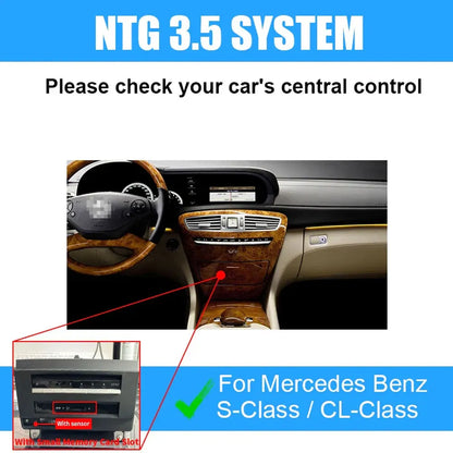 Compatibility guide for Mercedes Benz NTG 3.5 system showing the central control with a small memory card slot and sensor.