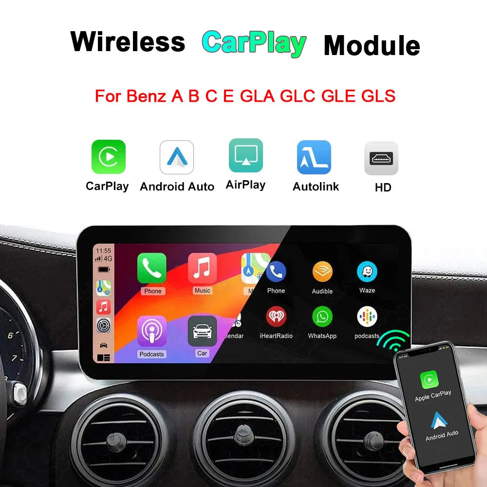 Wireless CarPlay and Android Auto retrofit decoder box for Mercedes Benz A B C E GLA GLC GLE GLS Class NTG 4.5 system.