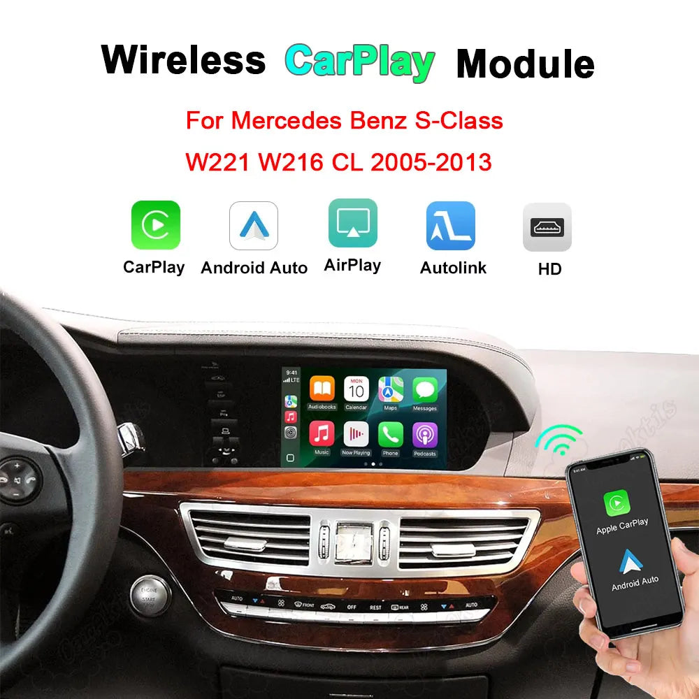 Wireless CarPlay and Android Auto retrofit module for Mercedes Benz S-Class W221 W216 CL-Class 2005-2013 dashboard display.