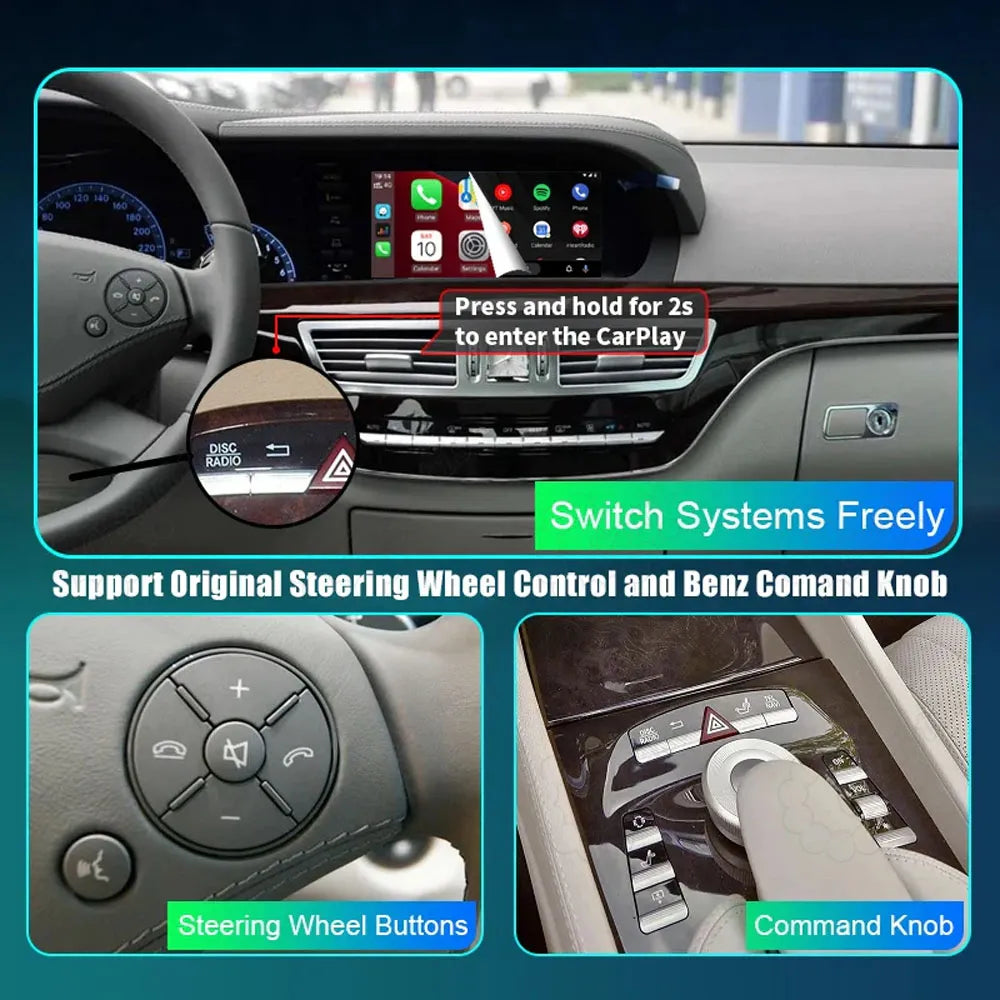 Demonstration of system switching by holding the return button, supporting original Mercedes Benz steering wheel buttons and Comand knob control.