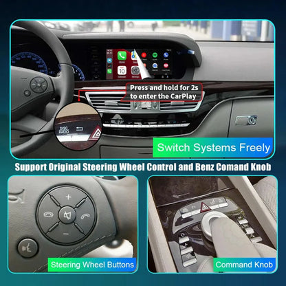 Demonstration of system switching by holding the return button, supporting original Mercedes Benz steering wheel buttons and Comand knob control.