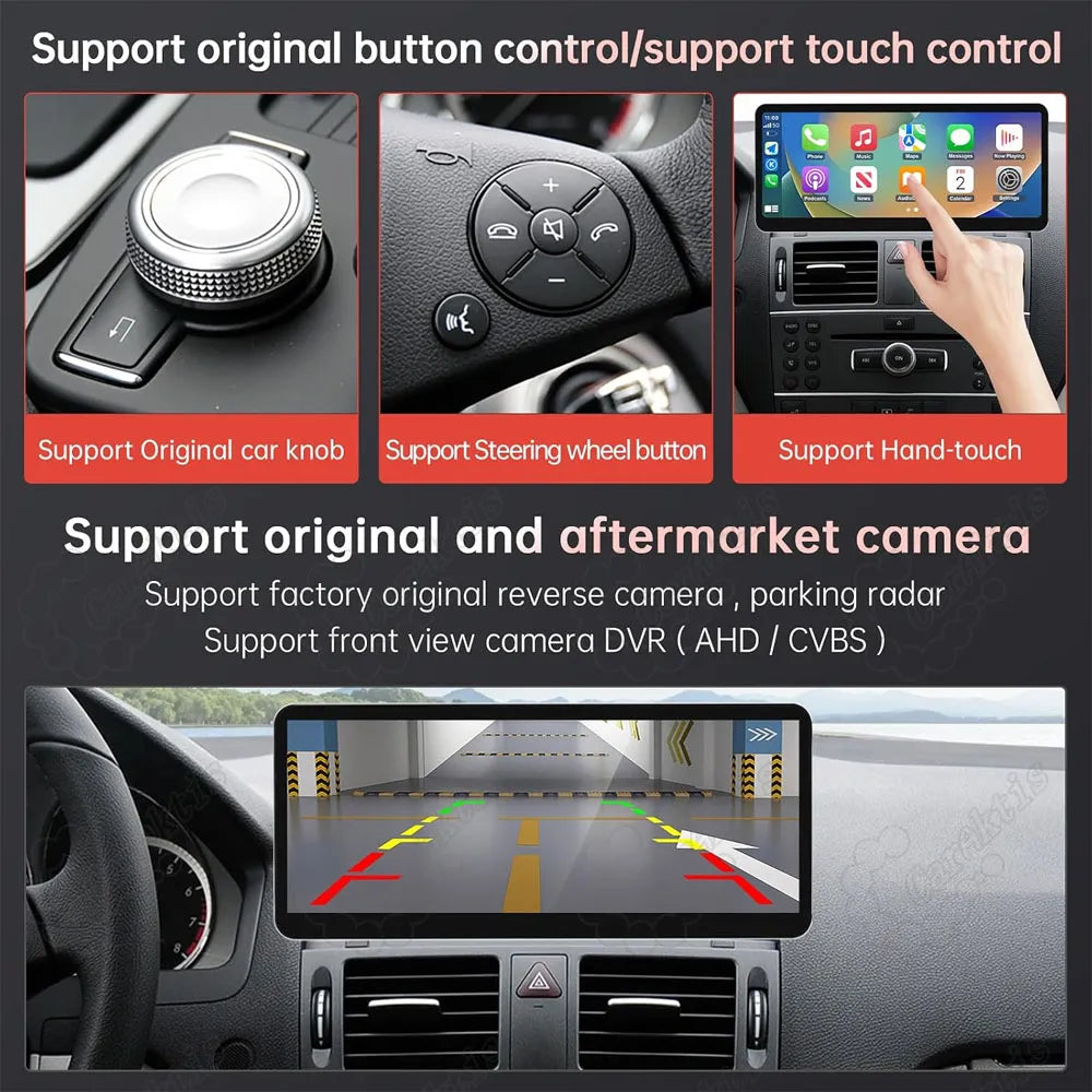 Full compatibility with Mercedes original central control knob, steering wheel buttons, hand-touch display, and backup camera view.
